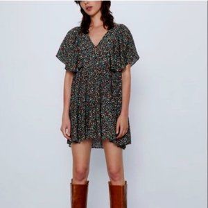 Zara Ditsy Floral Puff Ruffle Sleeve V Neck Black Orange Red Mini Dress Sz S